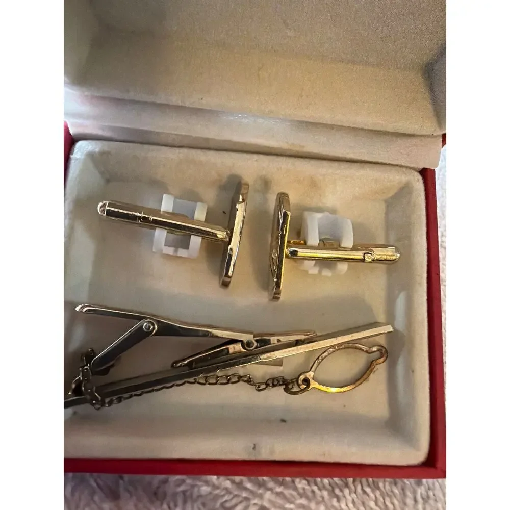 Vintage Gold Tone Tie Bar Cufflinks Set Clear Stone Men's Formal Jewelry Box